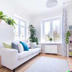 Interior of a modern living room with white sofa and plants.