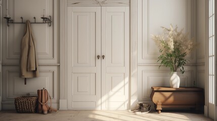 Fototapeta na wymiar Entry hall in soft whites and greiges with vintage hospital door locker piece.