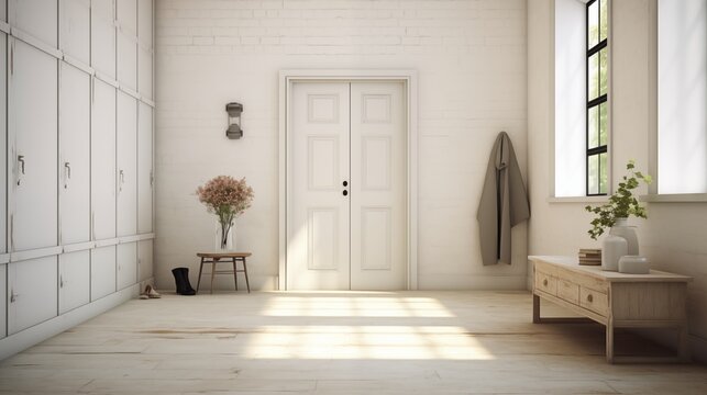 Entry hall in soft whites and greiges with vintage hospital door locker piece.