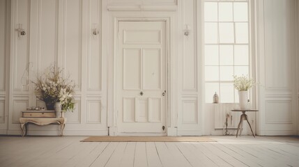 Entry hall in soft whites and greiges with vintage hospital door locker piece.
