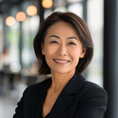 Obraz premium Smiling Asian businesswoman 50-60 years old, active business woman against the background of her office