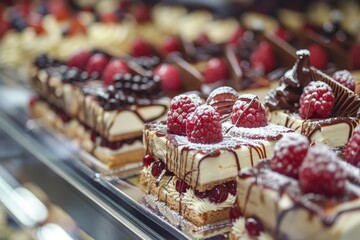 Decadent Treats: Close-Up on Artisan Desserts in Bakery Showcase