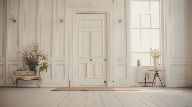 Entry hall in soft whites and greiges with vintage hospital door locker piece.