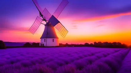 Fototapete Violett sunset or sunrise over lavender land, landscape with windmill, purple flowers field and clouds, Wall Art Design for Home Decor, wallpaper for cellphone, mobile smart cell phone background