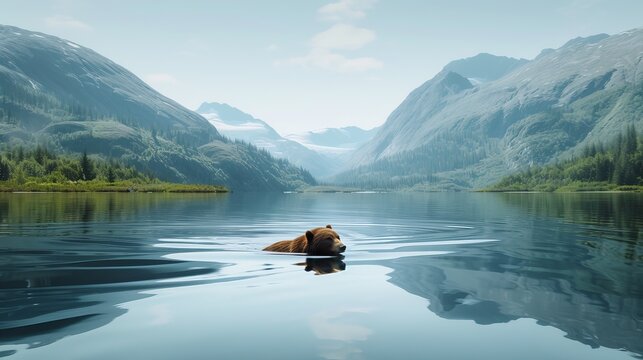 Tranquil Kodiak Bear Swimming in Pristine Mountain Lake