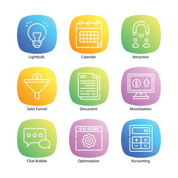 Accounting icons set, Accounting, Finance, Bookkeeping, Taxation, Audit, Budgeting, Ledger, Balance Sheet, vector stock illustration.
