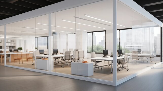Flexible shared work environment with bright whites and black framed glass walls.