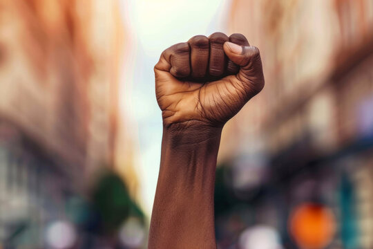 Power and Unity: A Raised Fist Symbolizing Strength and Solidarity. The image captures a moment of resistance and resilience in a blurred urban setting