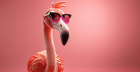 Stylish and Sassy: Cool Flamingo Sporting Trendy Sunglasses. Set against a vibrant pink background, this animated flamingo exudes personality and charm. - obrazy, fototapety, plakaty