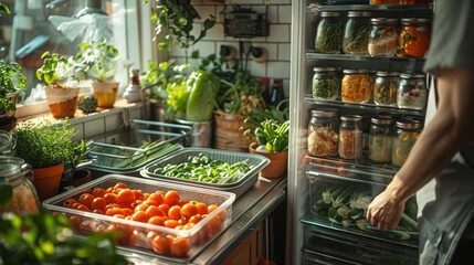 A bright, airy kitchen serves as the perfect setting for a person choosing homemade vegetable broth from their refrigerator, the light reflecting off white subway tiles  - obrazy, fototapety, plakaty