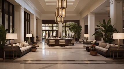 Four-star hotel lobby with soft whites and oil-rubbed bronze light fixtures.