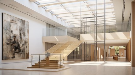 Glass atrium in art museum with blond oak finishes and black metal railings.