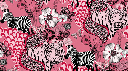 Seamless pattern of tiger and flowers. Suitable for fabric, mural, wrapping paper and the like. Vector illustration