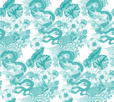 Seamless pattern of asian dragon and flowers. Vector illustration. Suitable for fabric, mural, wrapping paper and the like