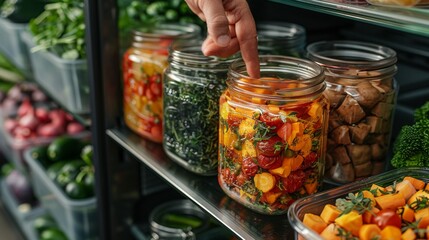 A close-up of a hand selecting a jar of homemade vegetable broth from a refrigerator stocked with seasonal veggies, lean meats, and tofu, showcasing a commitment to balanced, homemade meals