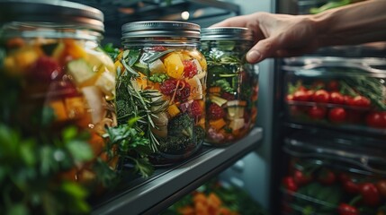 A close-up of a hand selecting a jar of homemade vegetable broth from a refrigerator stocked with seasonal veggies, lean meats, and tofu, showcasing a commitment to balanced - obrazy, fototapety, plakaty