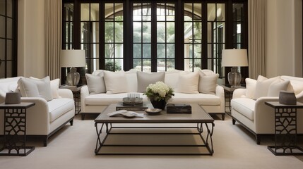 Great room with ivory linen sofas and wrought iron and glass c-tables.