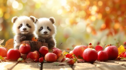  Two pandas in apple-laden wooded table setting - obrazy, fototapety, plakaty