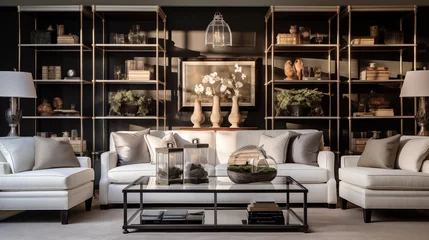 Photo sur Plexiglas Mur chinois Great room with white slipcovered sofas and bronze finished metal etagere.