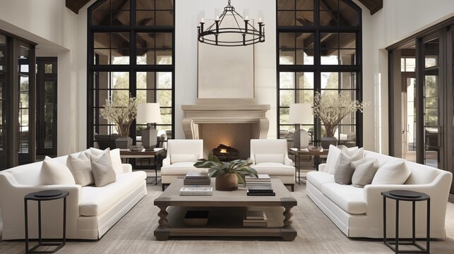 Great room with white linen sofas and burnished bronze iron accent tables.
