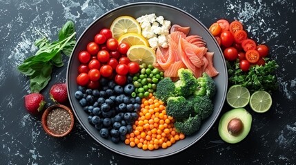 A detailed infographic displayed in a health clinic, illustrating the concept of a balanced plate--sections for proteins, grains, vegetables, and fruits, with side notes on portion control
