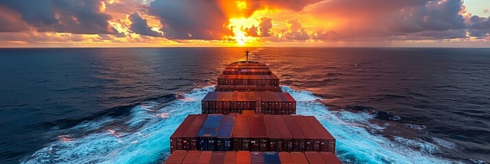 Fully laden cargo ship traversing in brilliant ultramarine ocean with cloudless backdrop - obrazy, fototapety, plakaty