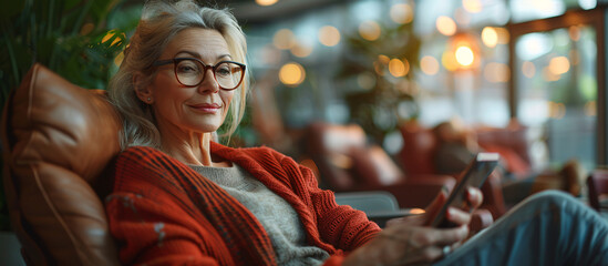 Mature Woman Using Smartphone in a Cozy Cafe Setting