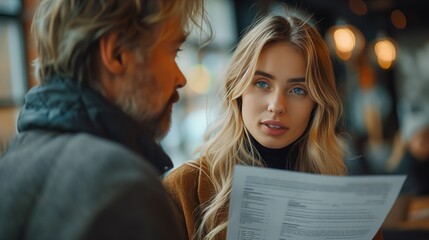 blonde female marketing manager handing stack of documents to blonde male in corporate office setting --chaos 5 --ar 16:9 --style raw --stylize 750 Job ID: d05884ca-9d09-4909-ba88-e18f762d9795 - obrazy, fototapety, plakaty
