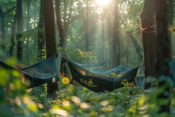 Relaxing in the forest at a campsite, a hanging hammock hangs on the trees near the tents in the rays of the setting sun - obrazy, fototapety, plakaty