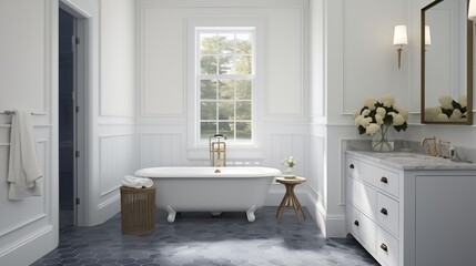 Fototapeta premium Guest bathroom with white shiplap and navy blue octagonal mosaic floor.