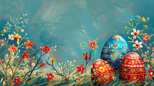 watercolor illustration, Orthodox Easter, multicolored eggs decorated with traditional ornaments, blue background, vintage style, copy space, place for text