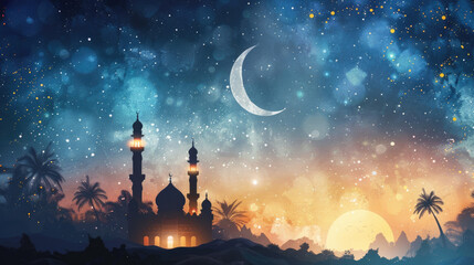 Obraz premium watercolor illustration, Laylat al-Qadr, Eid al Fitr, Eid Mubarak, mosque silhouette against the night sky, bright crescent and stars, vintage style, copy space