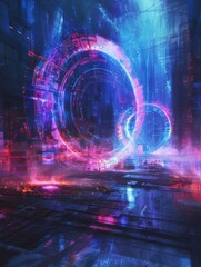 Cyberpunk cityscape with futuristic neon portal - A breathtaking cyberpunk-inspired cityscape with a stunning neon portal and reflective surfaces