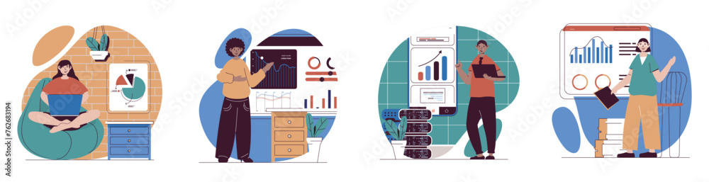 Aufkleber Data analysis concept with people scenes set in flat web design. Bundle of character situations working with database, making analytics, doing marketing or financial research. Vector illustrations.