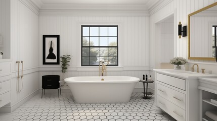 Fototapeta na wymiar Guest bathroom with white shiplap and black octagon mosaic floor pattern.