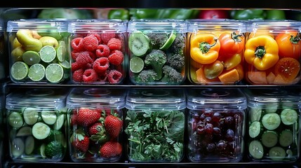 A fridge door opens to reveal an organized display of colorful fruits, vegetables, and clear containers of soaked nuts and seeds, signifying a persons dedication to a raw and balanced diet