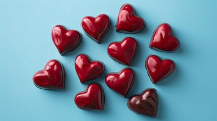 Delight your loved one with our irresistible red chocolate sweets, intricately shaped as hearts, set against a captivating blue background for a romantic Valentine's Day