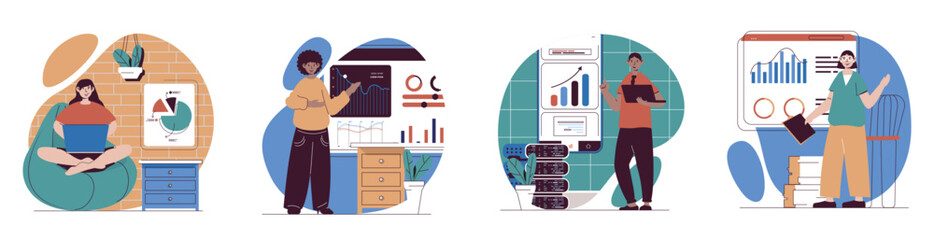 Data analysis concept with people scenes set in flat web design. Bundle of character situations working with database, making analytics, doing marketing or financial research. Vector illustrations. - obrazy, fototapety, plakaty