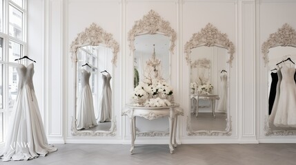 High-end bridal shop with crisp white walls and antique silver framed mirrors.