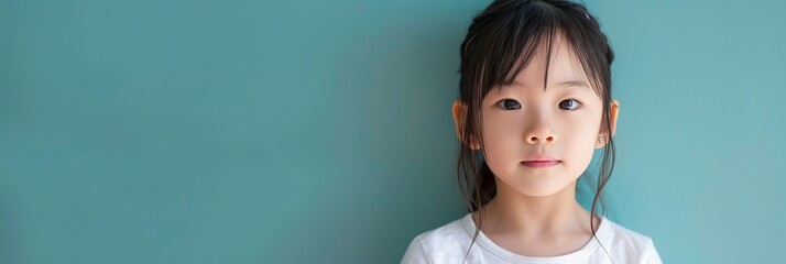 Asian child girl 4-6 years old in a white T-shirt without a pattern against the background of a colored wall, banner - obrazy, fototapety, plakaty