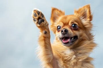 Smiling Chihuahua raising its paw - A joyful Chihuahua dog with bright eyes and a wide smile raising its paw high in front of a soft blue backdrop