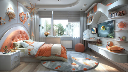 Sleek lines and minimalist decor define contemporary kids' bedroom, merging style - obrazy, fototapety, plakaty