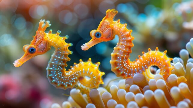  A pair of seahorses perched atop a sea anemone within a sea anemone