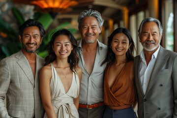 Obraz premium portrait of team of diverse people, office dressed, in a modern tropical hotel lobby setting