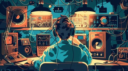 watercolor illustration, World Amateur Radio Day, male radio operator in a radio room, various means of communication, communication center, vintage style