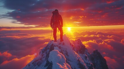 The silhouette of one climber helping another reach the top of a mountain, against the backdrop of a stunning sunset, symbolizing teamwork and support, vivid and dramatic sky colors - obrazy, fototapety, plakaty