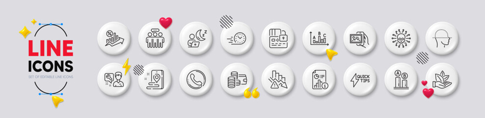 Quickstart guide, Deflation and Card line icons. White buttons 3d icons. Pack of Call center, Face scanning, Employees group icon. Image album, Survey results, Place pictogram. Vector