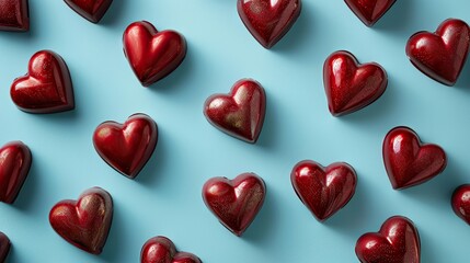 Fototapeta na wymiar Delight your loved one with our irresistible red chocolate sweets, intricately shaped as hearts, set against a captivating blue background for a romantic Valentine's Day
