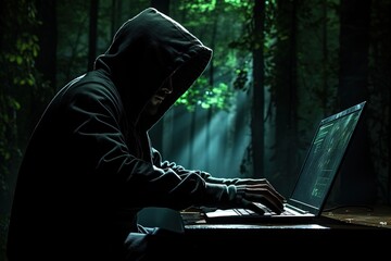 A man in a hooded sweatshirt sits in front of a laptop in a dark room and hacks or protects data on a dark green forest background