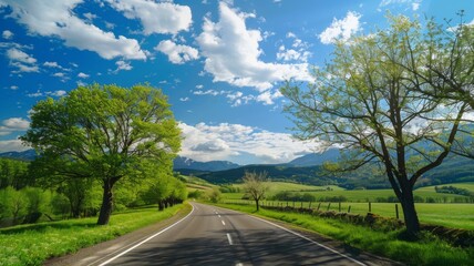 Fototapeta na wymiar Scenic Road with Green Landscape - A serene country road winds through a vibrant green landscape under a vast blue sky with fluffy clouds, perfect for a peaceful drive